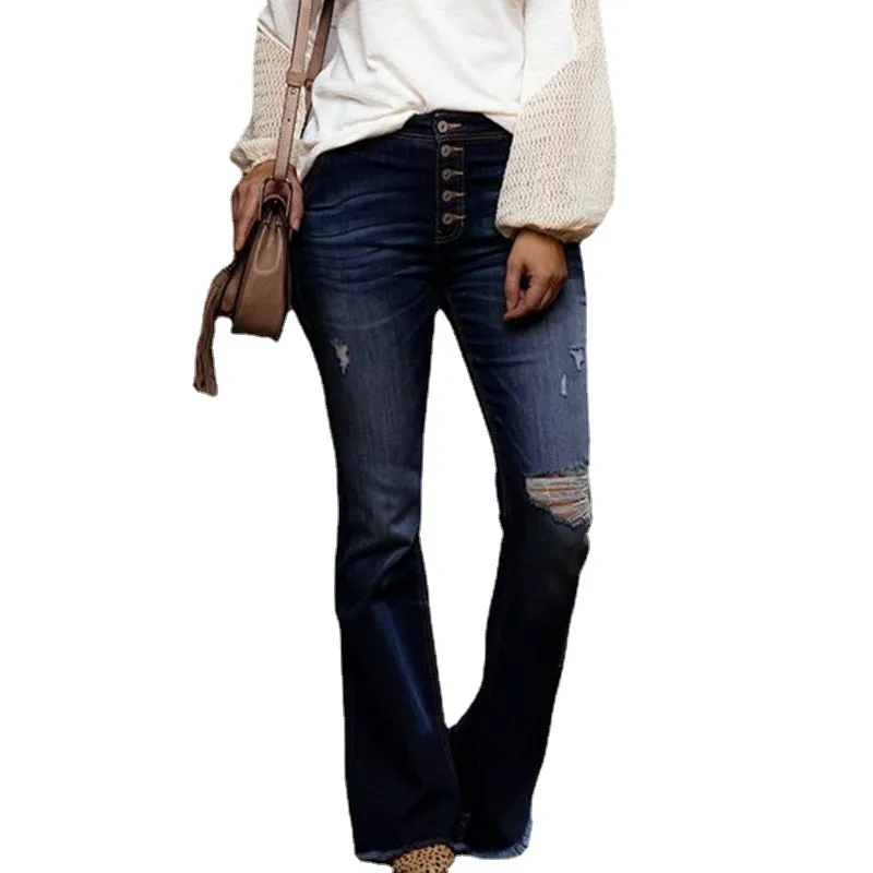 Ripped High-rise Stretch Slim-fit Flared Jeans - Blue