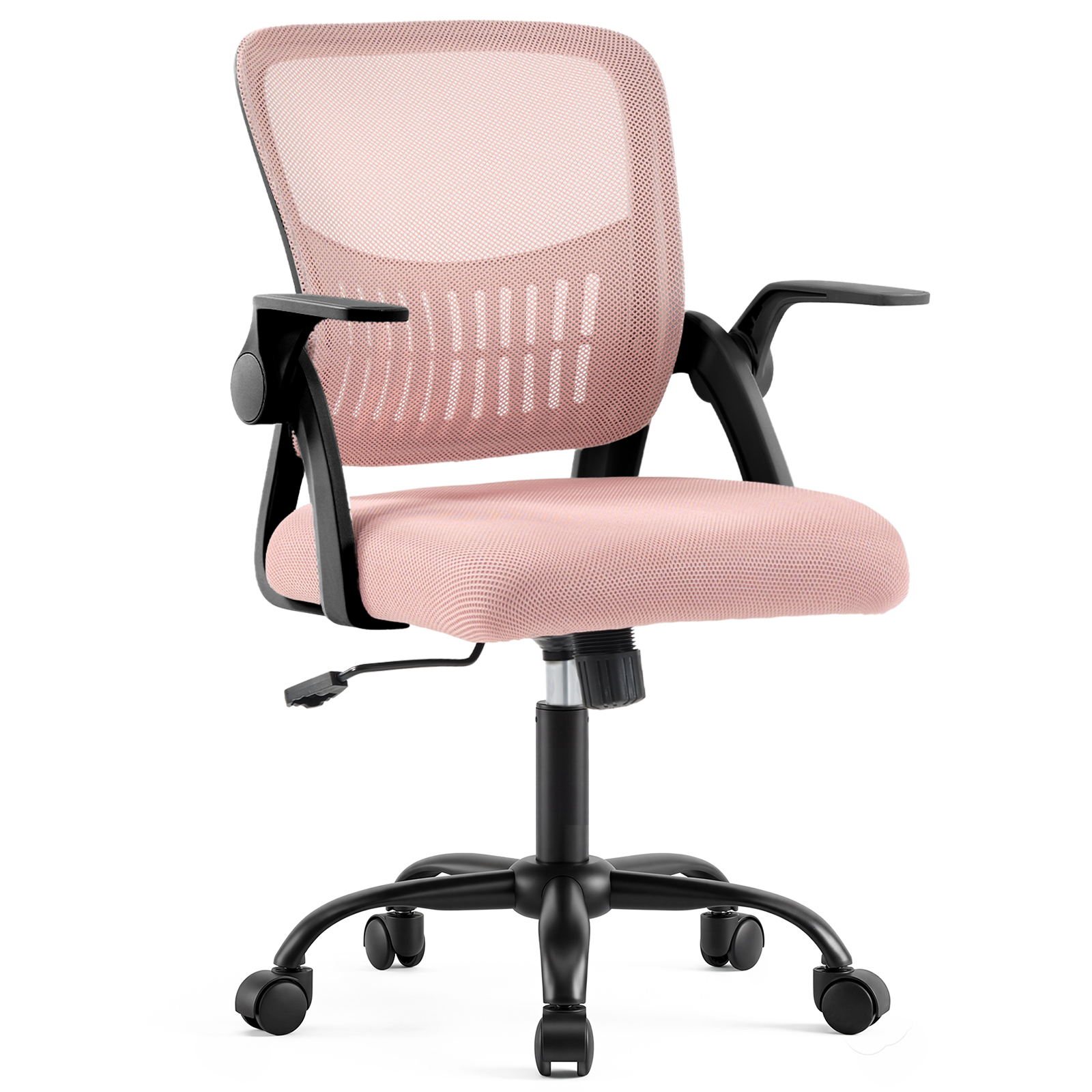 The Flip-up Armrest Fabric Computer Desk Chair With Adjustable Rotating Backrest Offers Comfortable Lumbar Support.