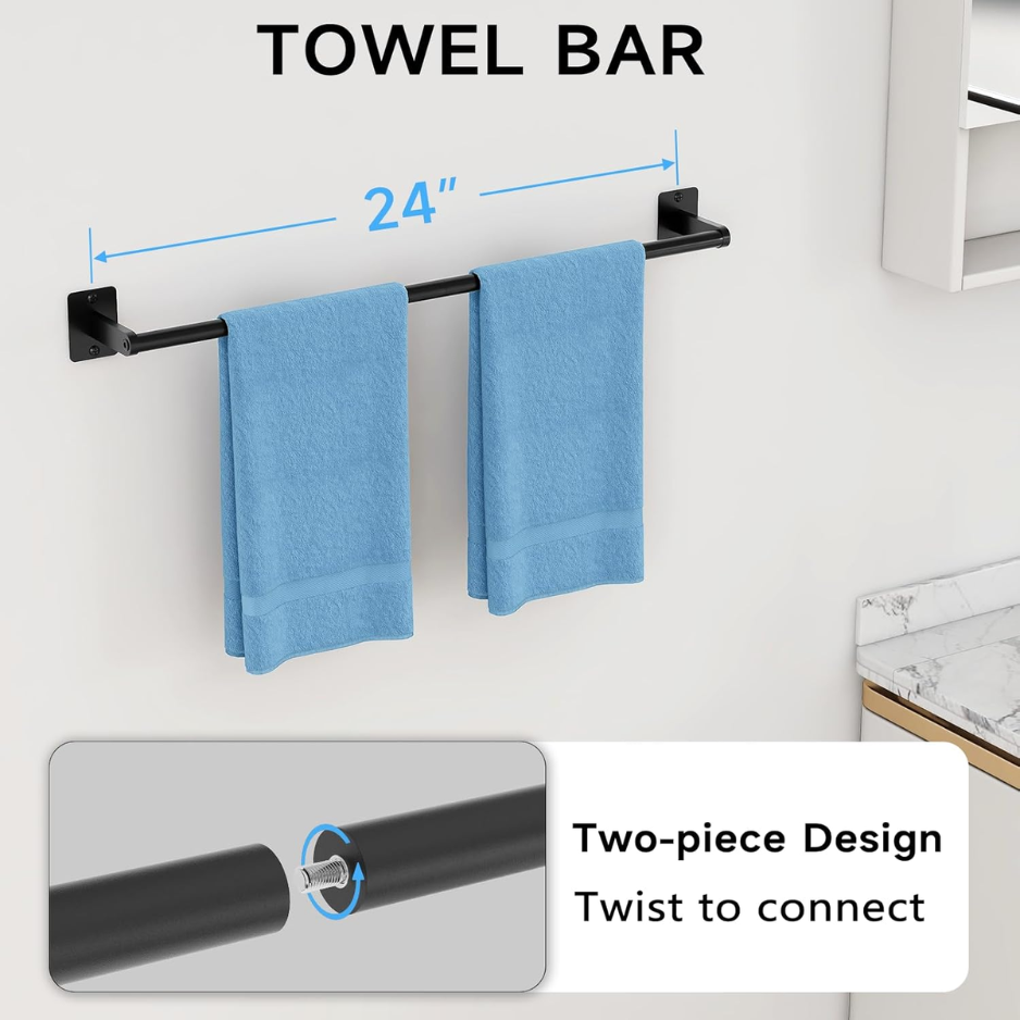 Black Bathroom Accessories Set 4-Piece Bathroom Hardware Set 24 Inch Towel Bar Robe Hooks Toilet Paper Holder 4