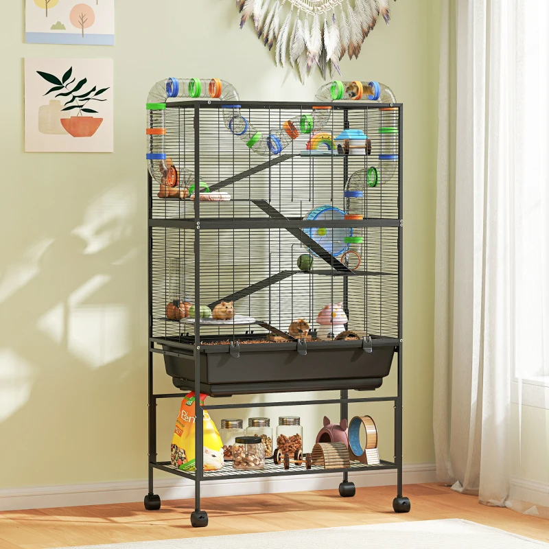 PawHut 5 Tier Hamster Cage, Rolling Rat Cage With Deep Tray, Storage Shelf, Big Exercise Wheel, Hut, Tube System