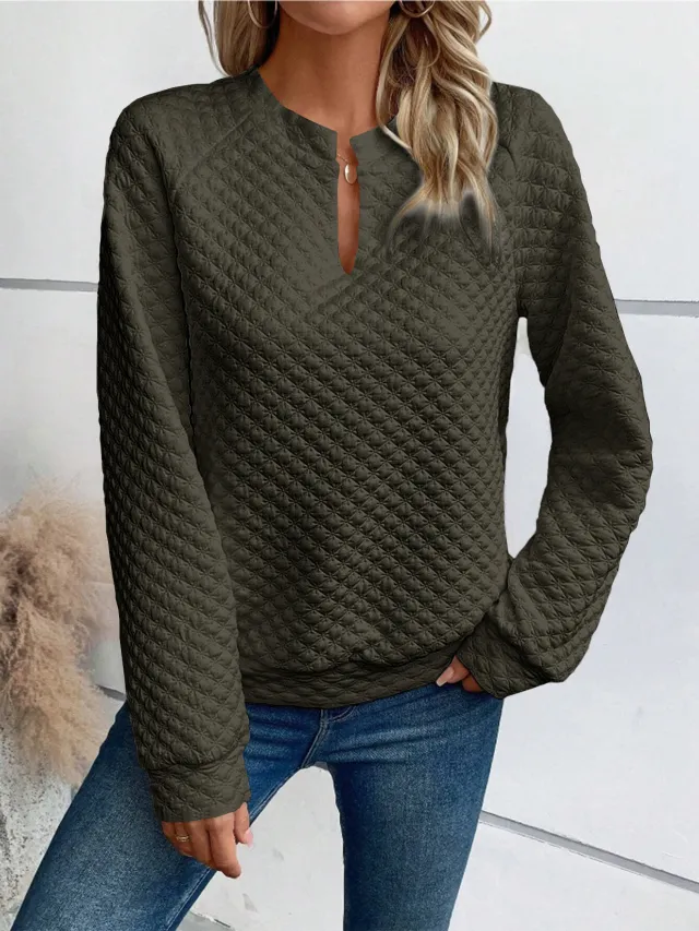 Fashion V neck Long sleeved T shirt French Style Casual Solid Color Plaid Sweatshirt Top Womens Clothing Green - Shop at LoveMi