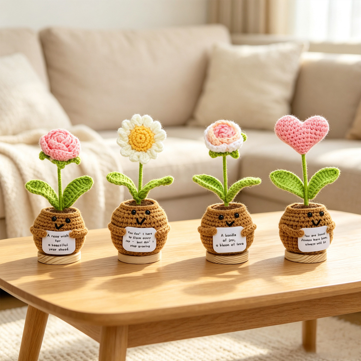 Handmade Crochet Mini Potted Flower, Assorted Rose Heart With Inspirational Cards, Soft Yarn Everlasting Floral Decor, Indoor Tabletop Ornament