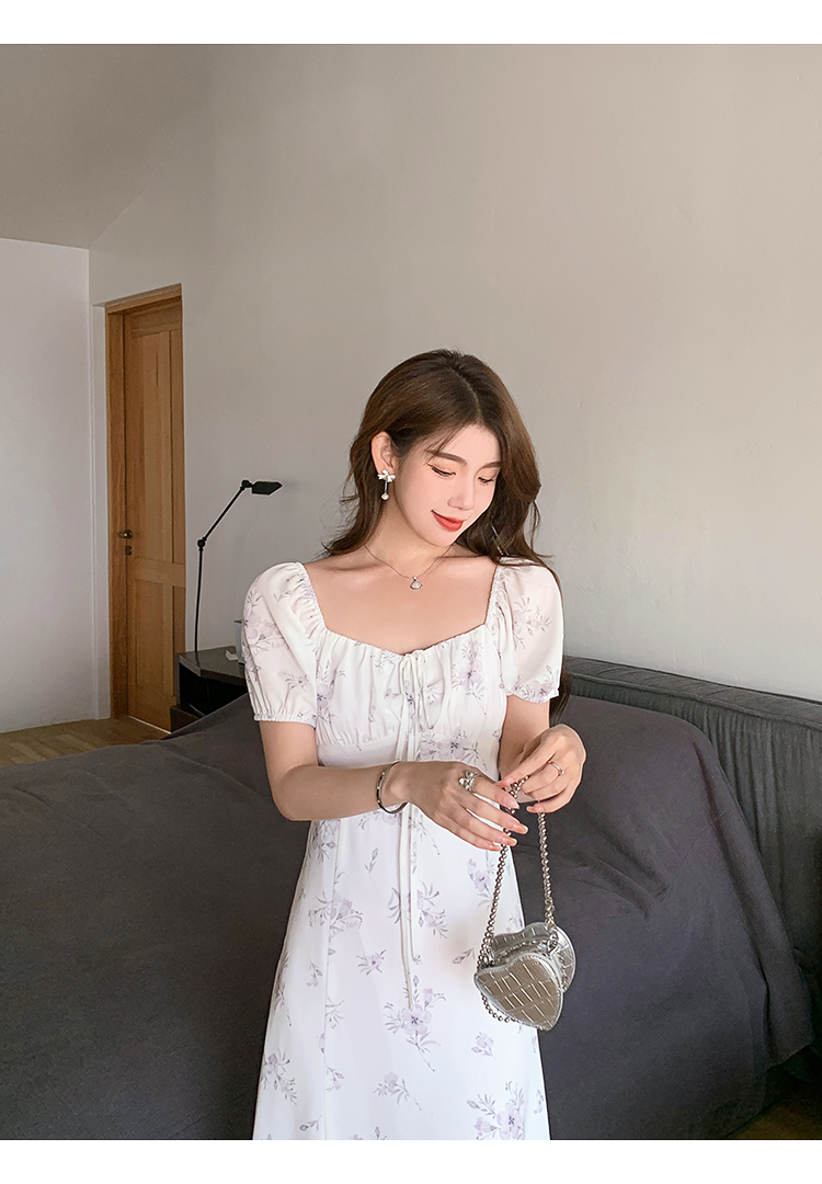 French Square Neck Retro Floral Dress For Women