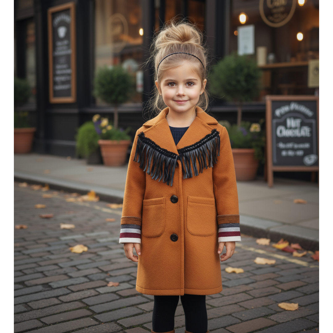 Girls Woolen Long Coat 3-12y Cream Orange Vintage Coat Cute Style