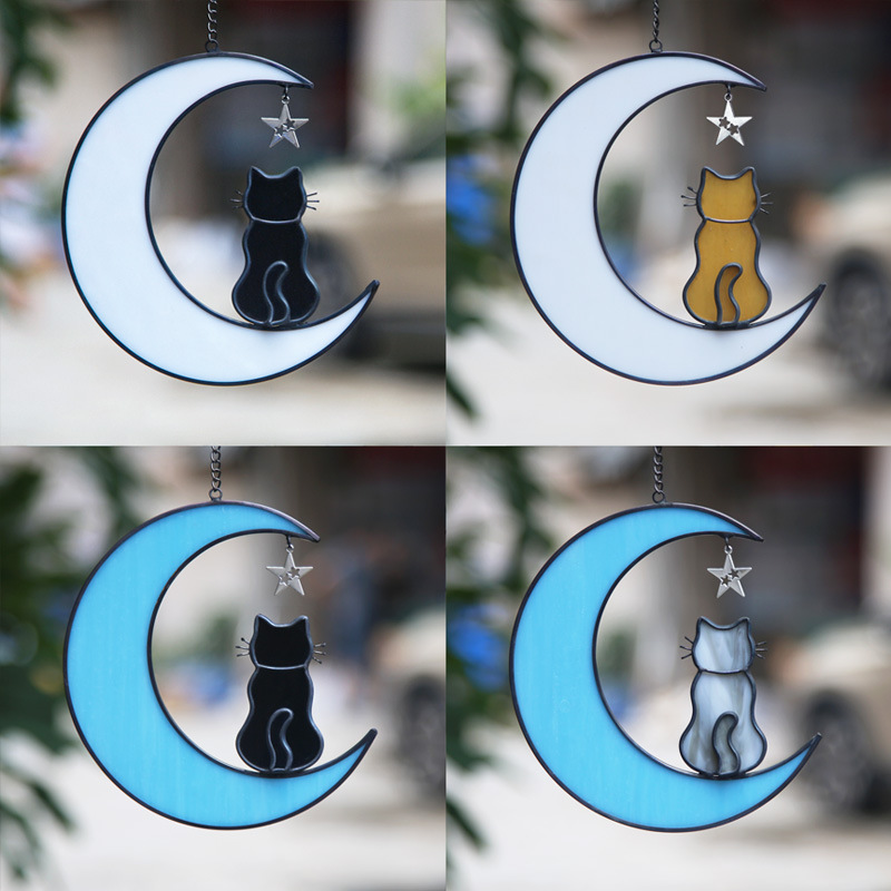 Title 2, Colorful Glass Pet Cat Dog Moon Window Ornaments