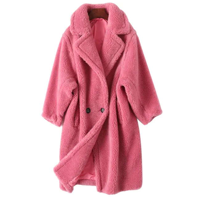 Granule Sheep Shearing Women Long Teddy Fur Coat Pink - Shop at LoveMi