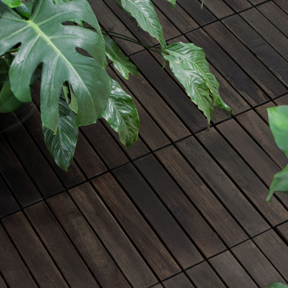 30 PCS Interlocking Deck Tiles Striped Pattern, 12inch X 12inch Dark Brown Square Acacia Hardwood Outdoor Flooring For Patio, Bancony, Pool Side