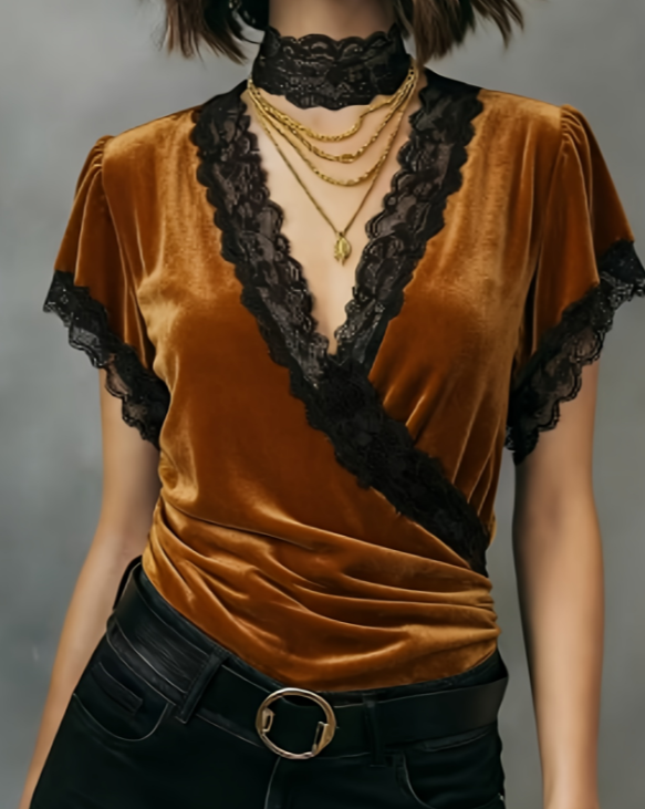 Lace-trimmed V-neck Women's Long-sleeved Slim-fit Shirt
