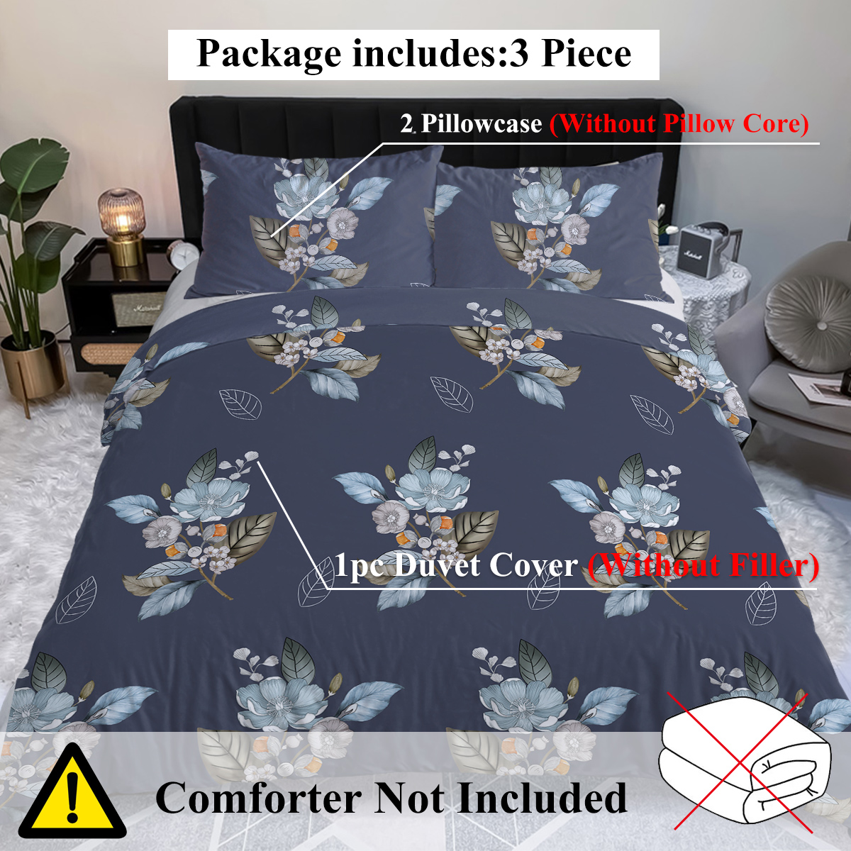 Floral Duvet Cover Set 3 Pieces Bed In A Bag, Flower Print On Blue Bedding Set, Soft Microfiber Bedding Set For All Season