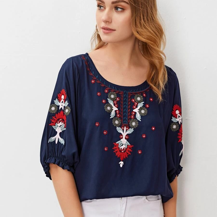 European And American Embroidery Loose Top Women's Clothing Blue - Shop at LoveMi