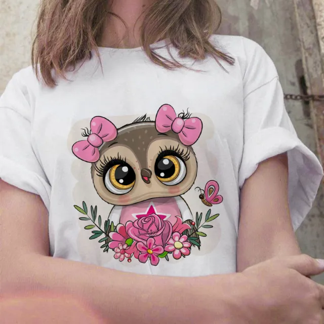 Owl Cute Cartoon Print Short Sleeve M - Shop at LoveMi