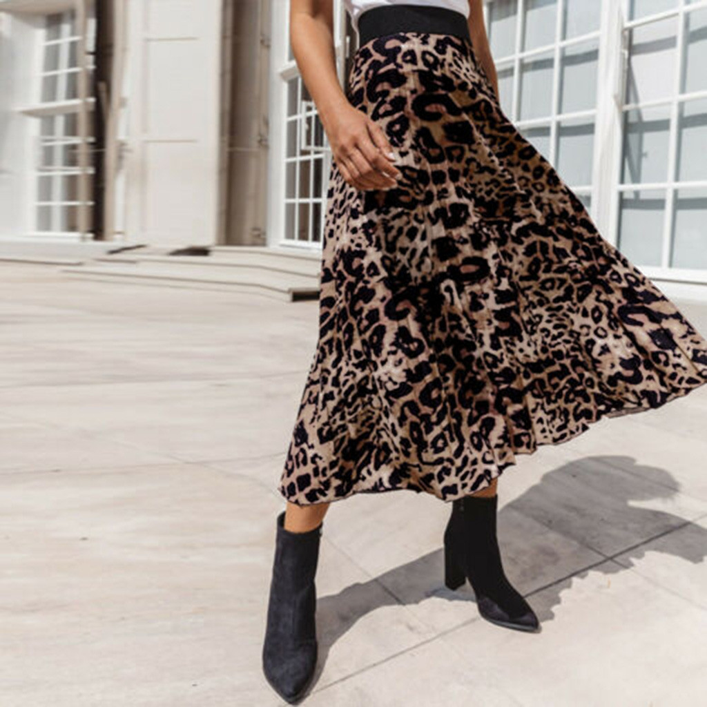 Title 4, Womens Leopard Print Pleated Skirt Ladies Elas...