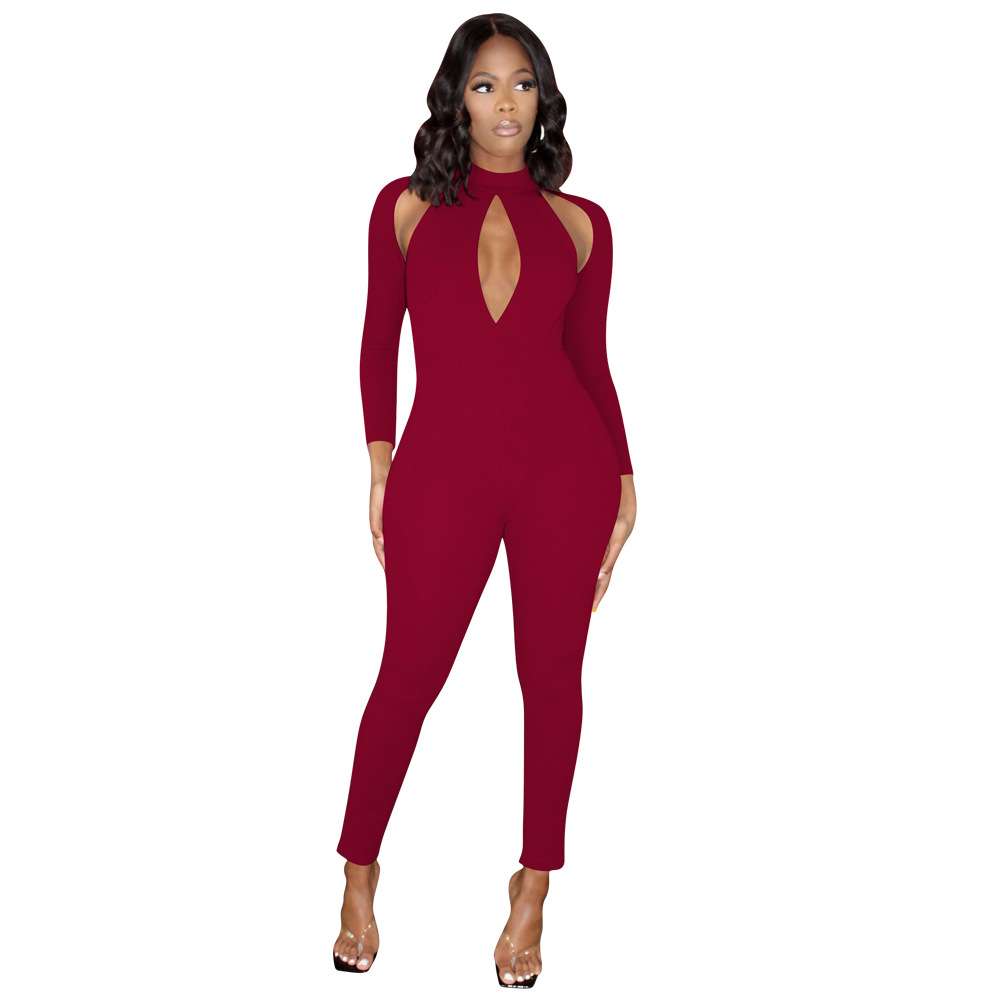 Women’s Solid Color Long-sleeved Invisible Cut-out Jumpsuit