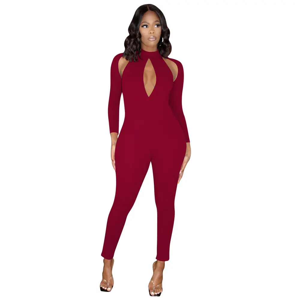 Women's Solid Color Long-sleeved Invisible Cut-out Jumpsuit