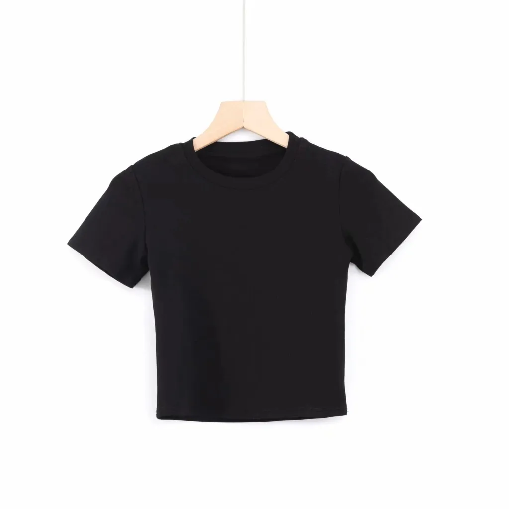 Star Same Round Neck Slim-fit Cropped T-shirt Basic All-match Crop Top - Black