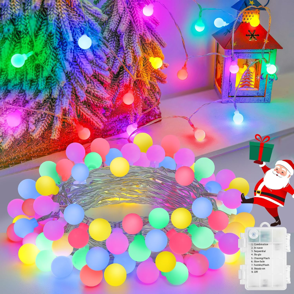 Multi Color Globe Battery String Lights For Christmas Party Decorations 50 LED, 16.4Ft, Built In Timer, IP56 Waterproof, 8 Light Modes, Ideal For Outdoor