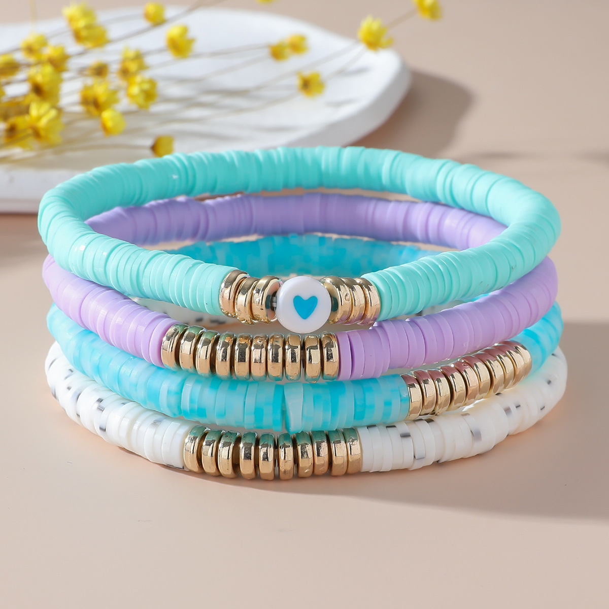 Women's Fashion Polymer Clay Colorful Stackable Love Elastic Bracelet