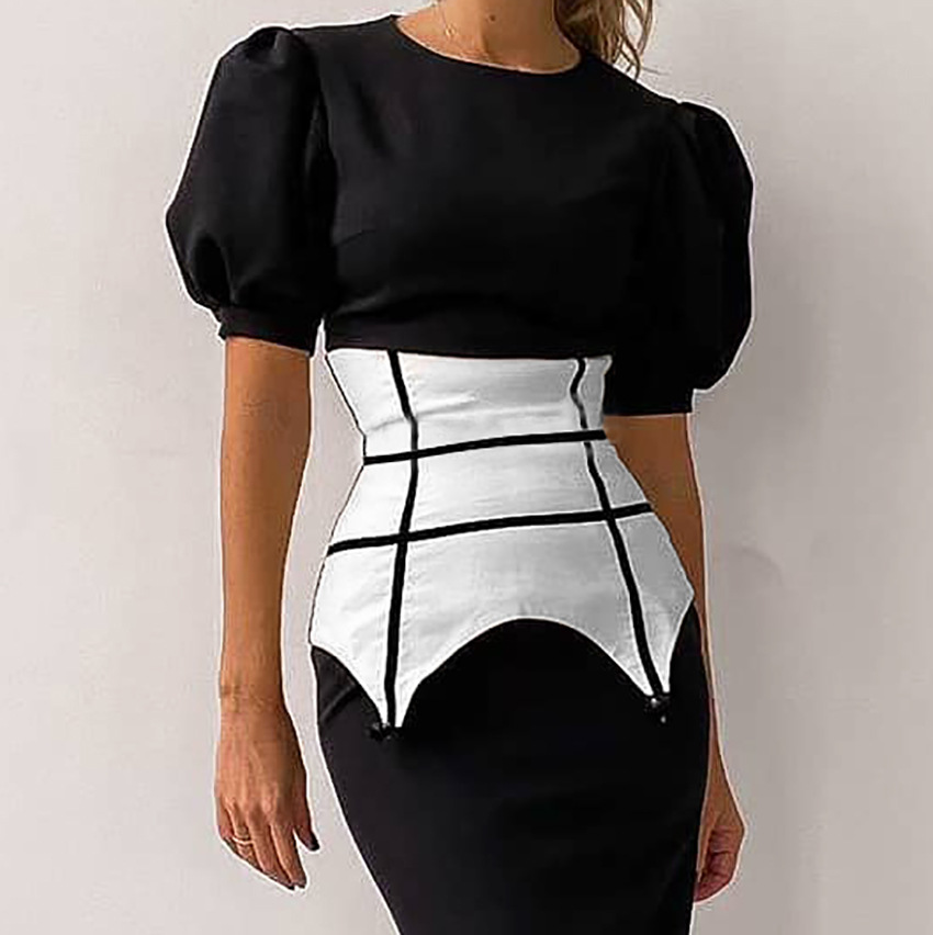 Fashion Ladies Tight High Waist Puff Sleeve Dress