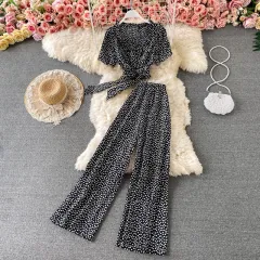 Temperament Retro Waist Short Floral Square Neck Chiffon Shirt - Black - View 1