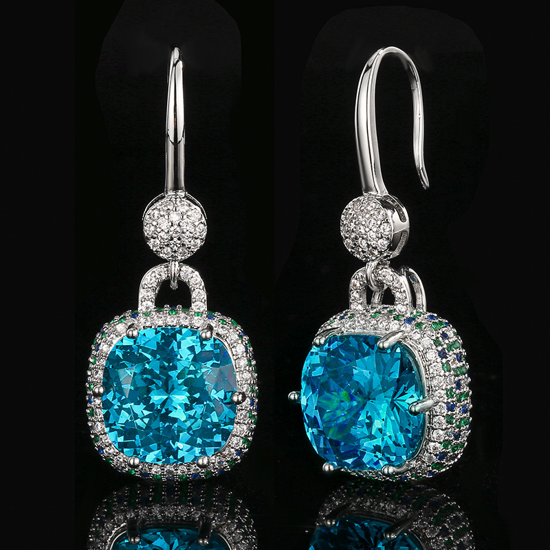 Vintage Light Luxury Dangle Earrings For Women, Cushion Cut Emerald Tone Simulated Zirconia Full Pave Rhinestone Silver Tone Hook Ear Jewelry Elegant Party Accessories