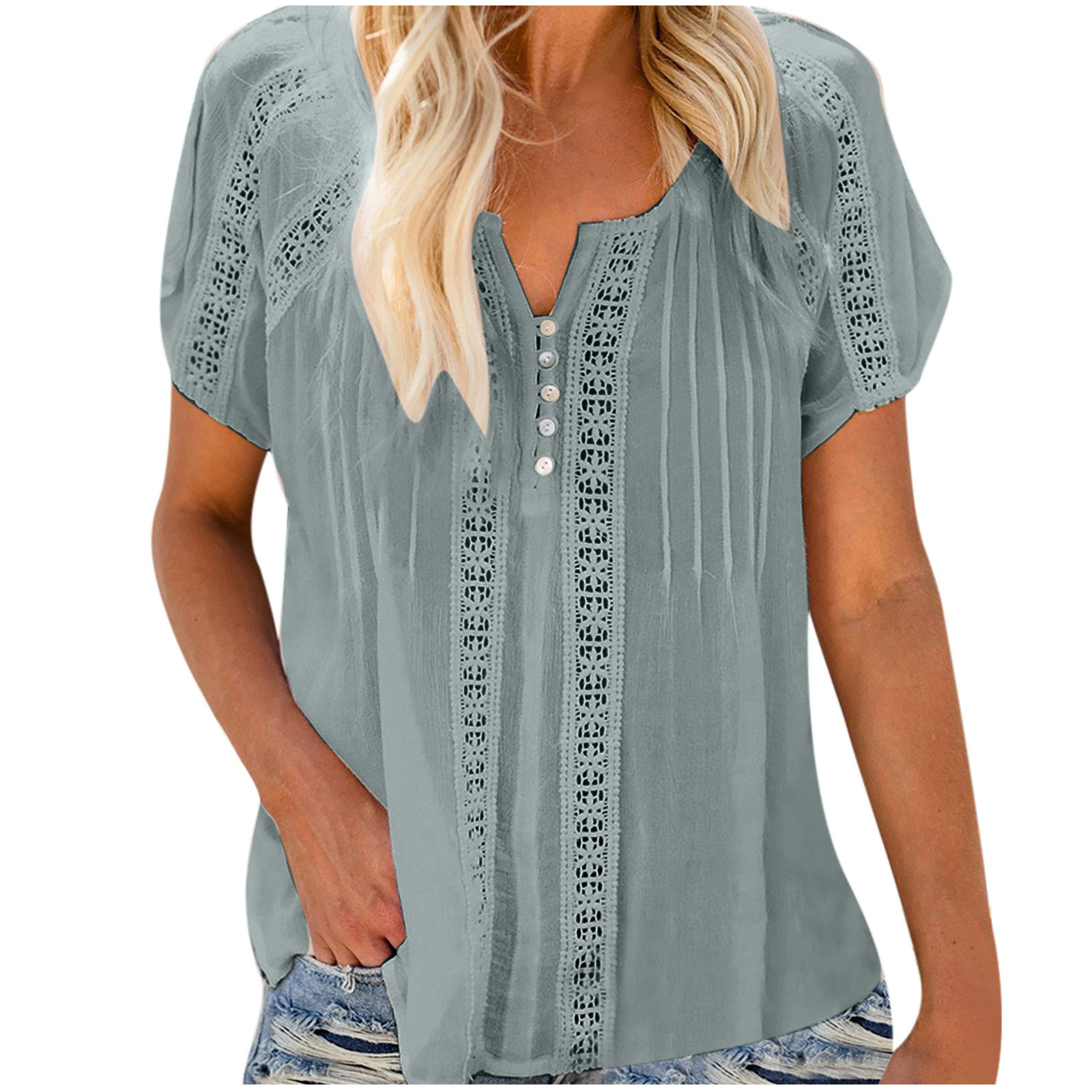 Solid Color Hollow Top V-neck Pullover Short Sleeves