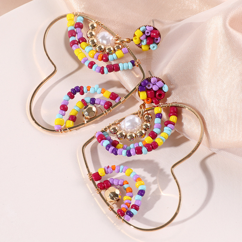 Exaggerated Love Heart Shaped Handmade Rice Bead Stud Earrings