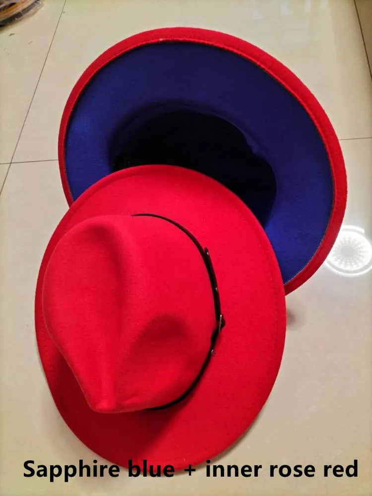 European And American Popular Woolen Top Colour Matching Flat Brim Fedora Jazz Hat - Sapphire Blue Inner Rose Red
