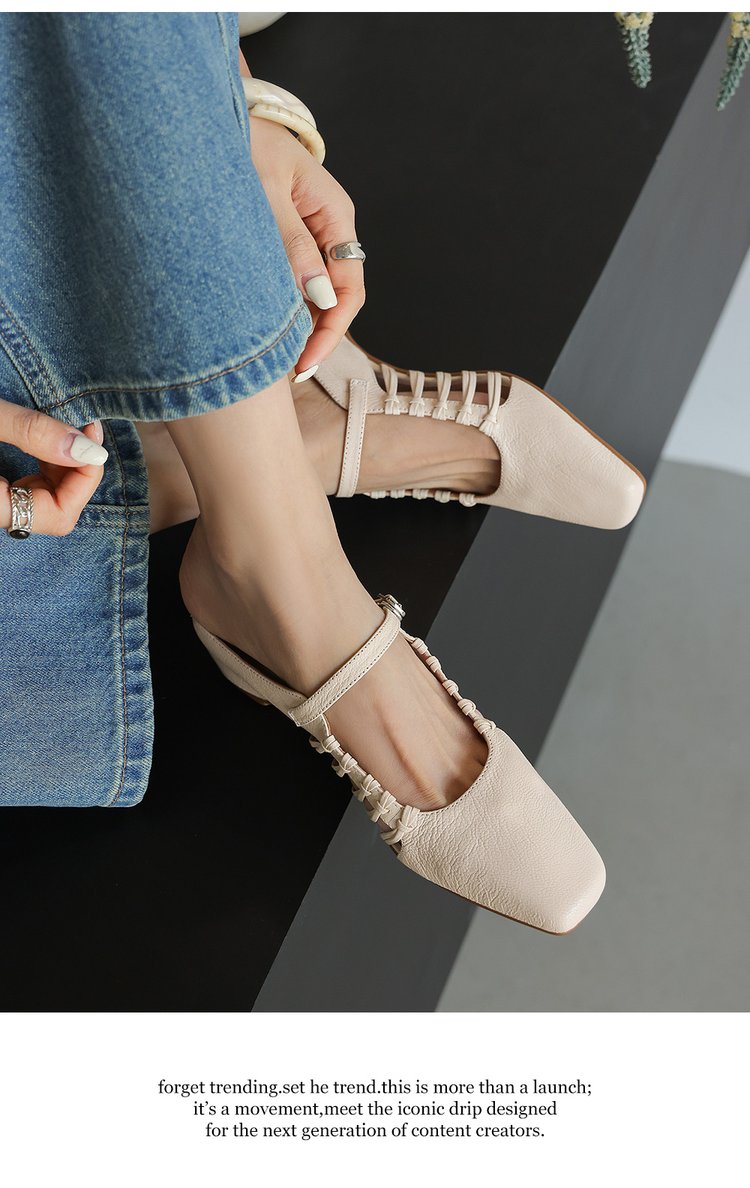 French Woven Hollowed Out Retro Square Toe With Increased Height, Comfortable And Versatile, Summer Fashionable Women's Half Drag