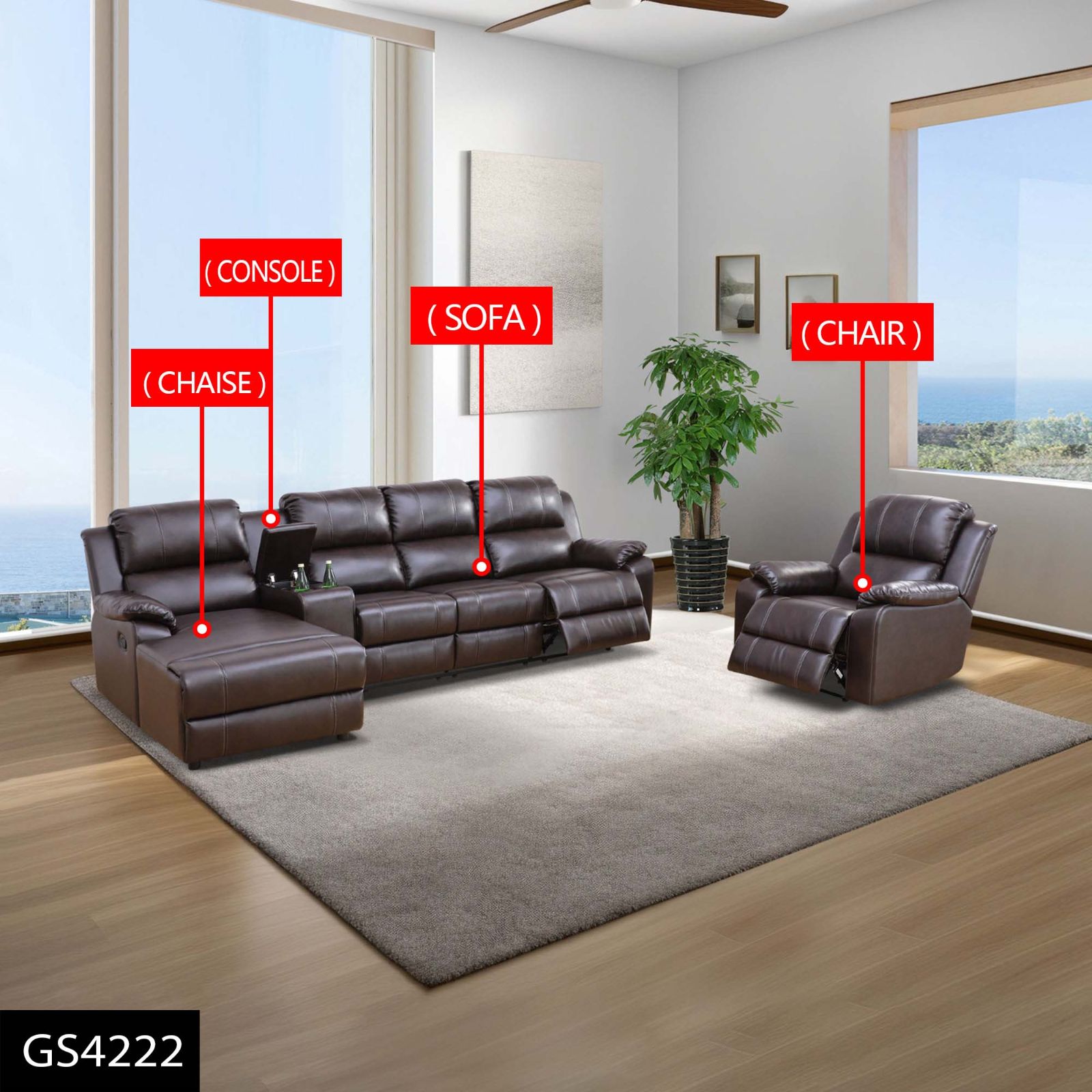 Juego de Sala de 4 Piezas Reclinable en Cuero Marrón Respirable - imagen 1