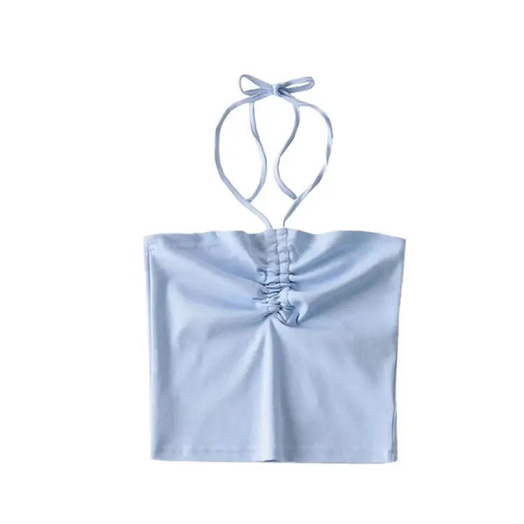 Slim Short Tube Top Design Sense Drawstring Pleated Halterneck Strap