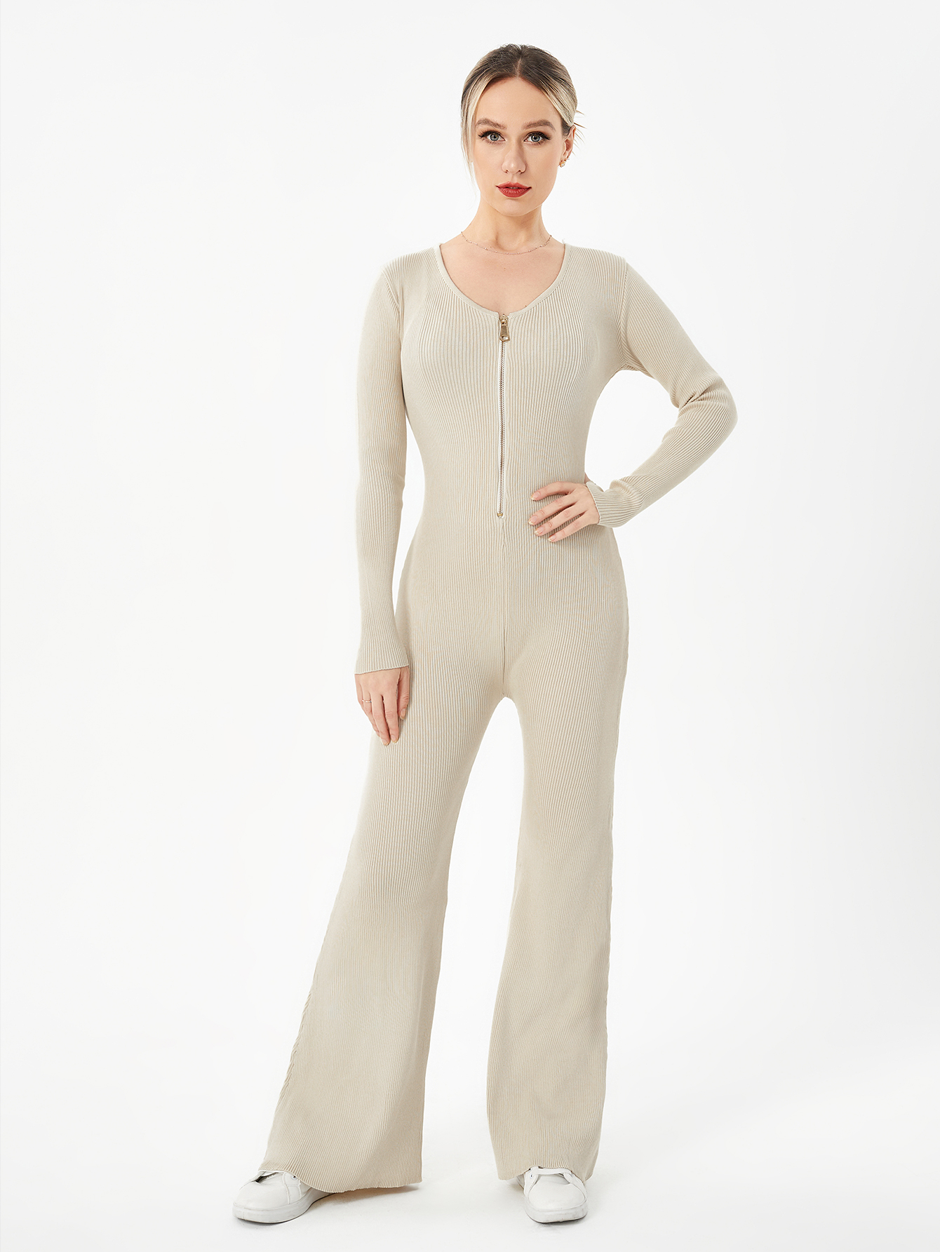 Zippered Round Neck Flared Trousers