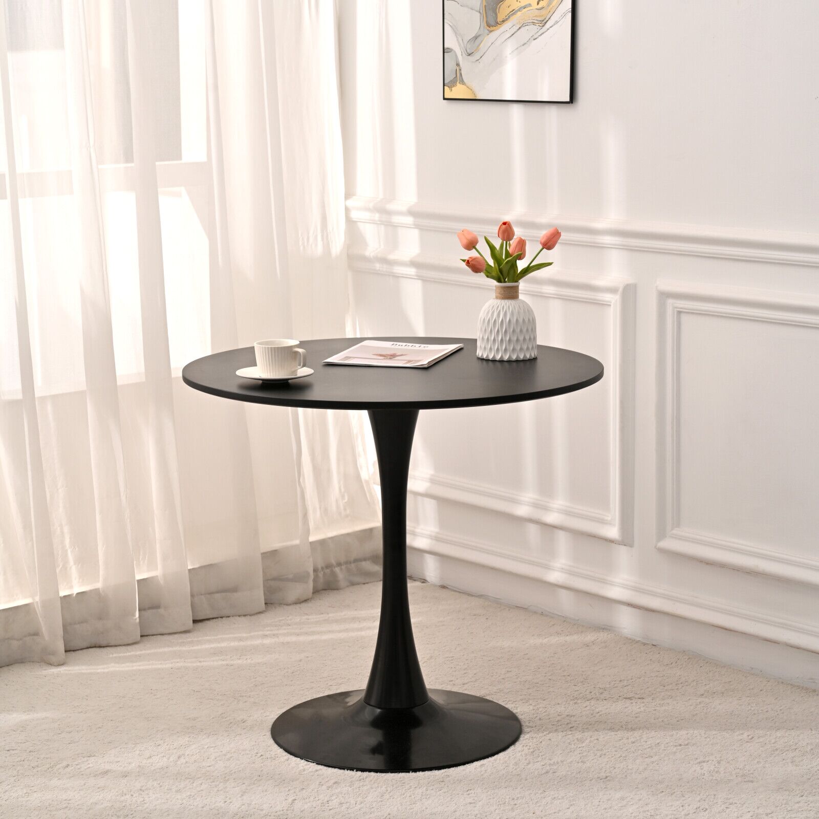 31.5-inch Round Dining Table, Medieval Black Tulip Table, Metal Base Table, Can Accommodate 2-4 People, Easy To Assemble Casual Coffee Table