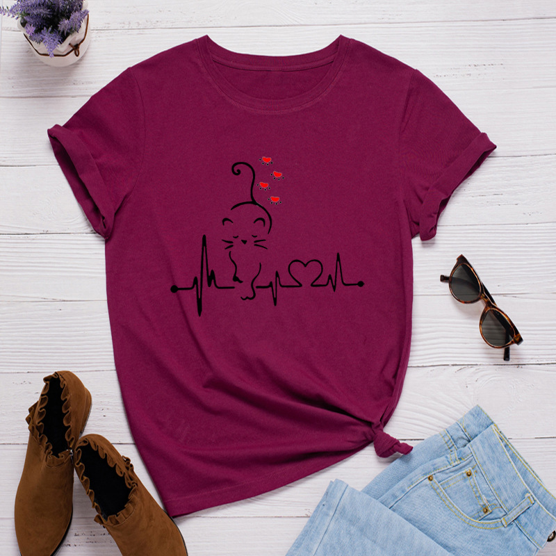 Heartbeat Pattern Printing Loose Round Neck Short Sleeve T-shirt Women