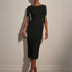 Women's Solid Color Pearl-Embellished Round Neck Dress - Elegant Back Zipper & Slit Sleeve Formal Dress - Black - View 1