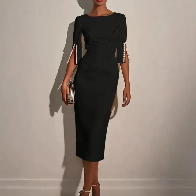 Women's Solid Color Pearl Embellished Round Neck Dress Elegant Back Zipper & Slit Sleeve Formal Dress Black - Shop at LoveMi