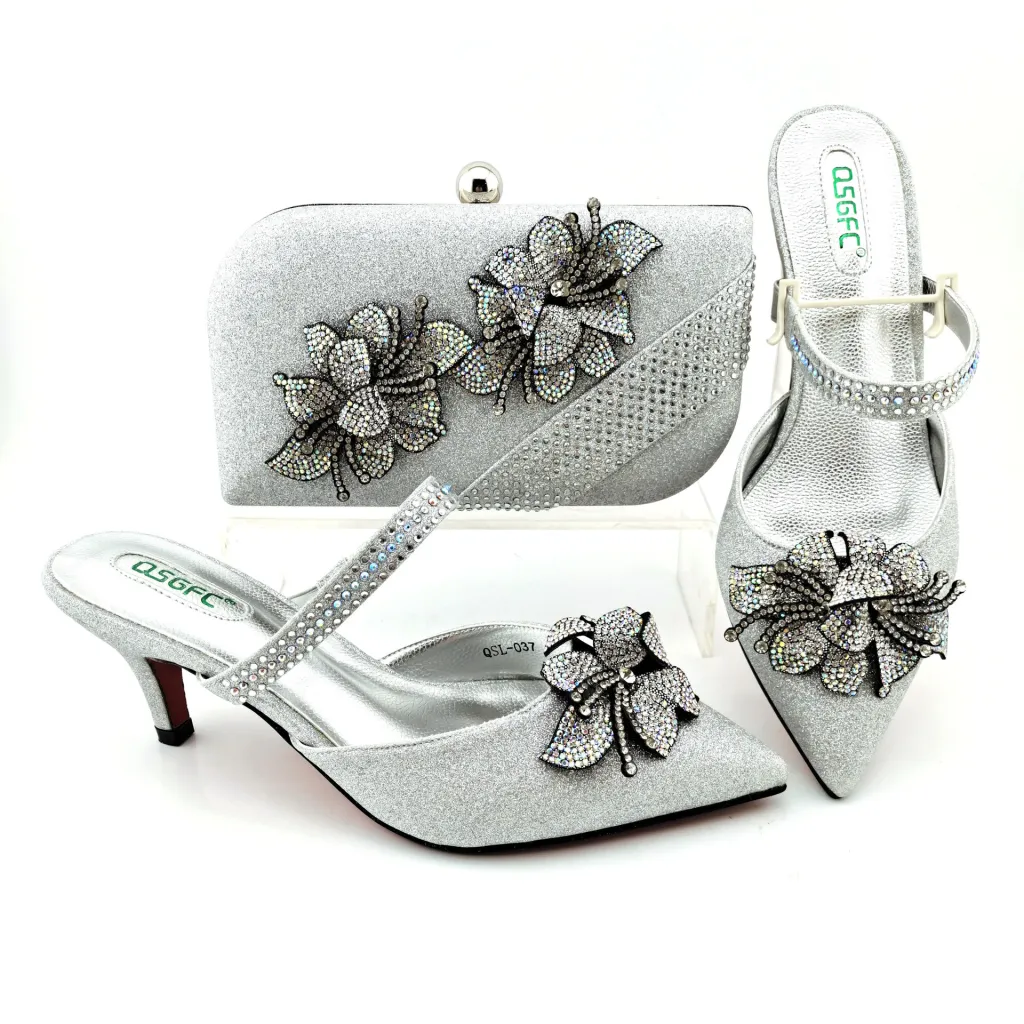 One Word Strap Sandals With Handbag Dinner Bag Pointed High Heels - Silver