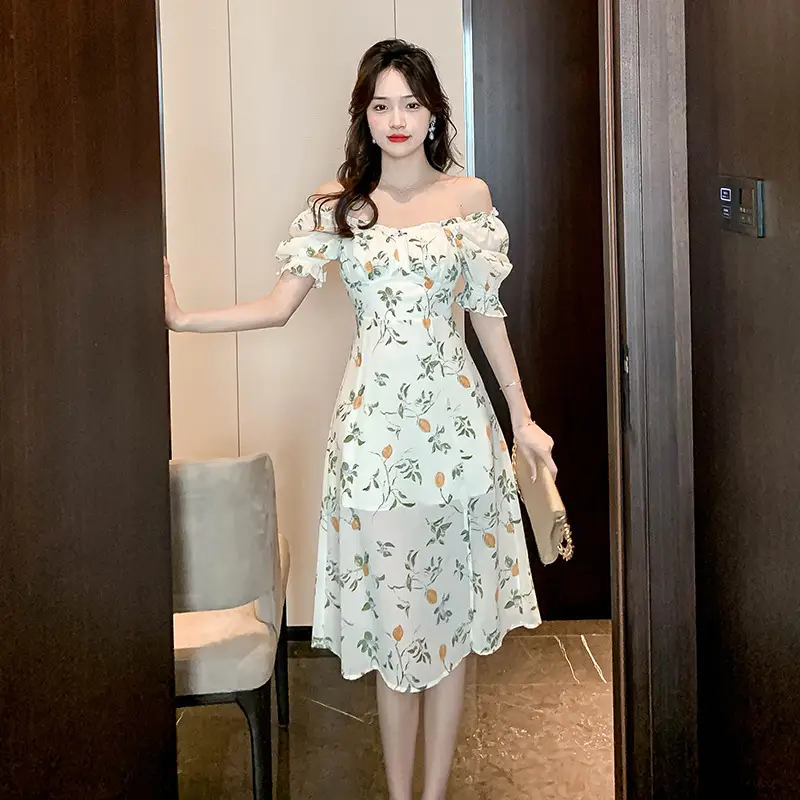 Women's New Retro Floral Split Puff Sleeve Square Neck Dress