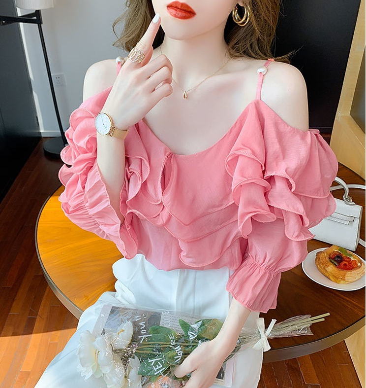 Title 6, One Word Neck Chiffon Shirt Off Shoulder Ruffle...