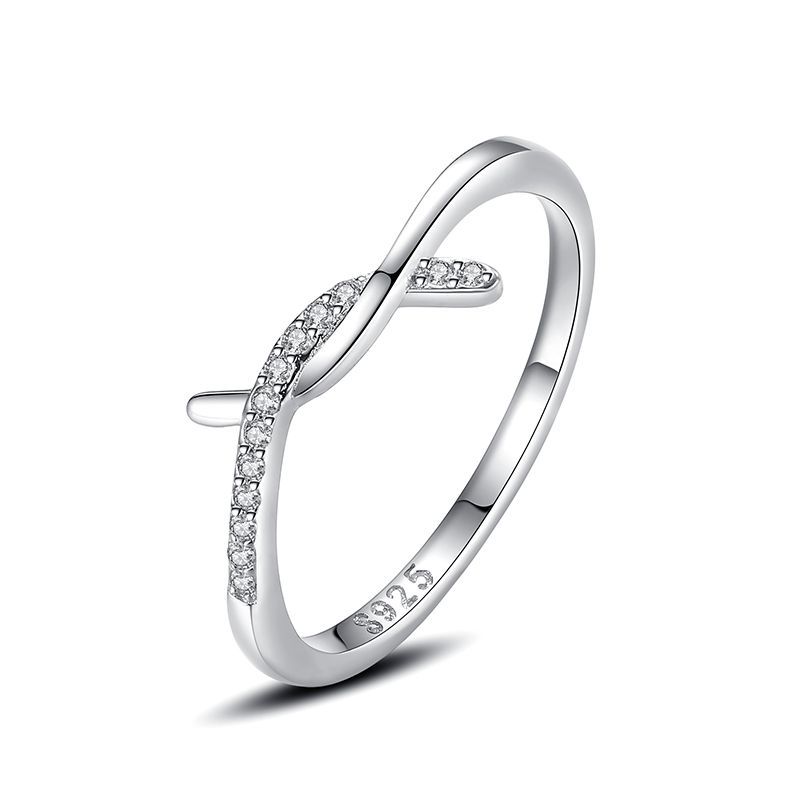 Women's Simple Sterling Silver Cross Line Micro Diamond Ring
