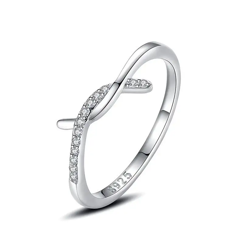 Women's Simple Sterling Silver Cross Line Micro Diamond Ring
