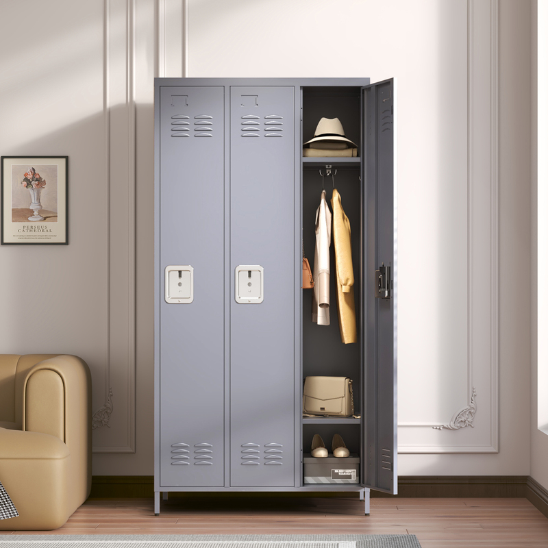 3-Door 72in Steel Locker W Locks For Employees, Storage Cabinet For Home Gym Office School Garage, Gray 7