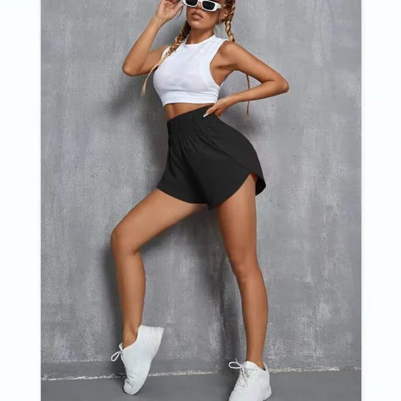 Women's Casual Elastic Loose High Waist Sports Shorts - Black
