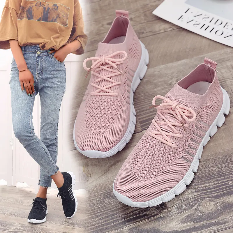 Casual Ladies Shoes Breathable Women Flying Knit Sports Flat