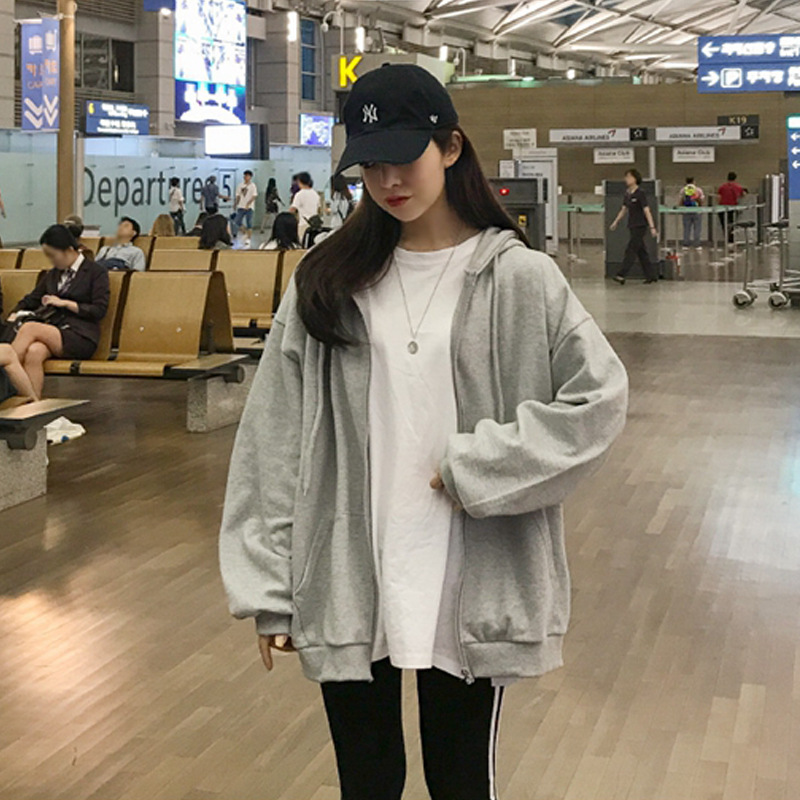 Women's New Loose Black Fleece Zipper Sweatshirt