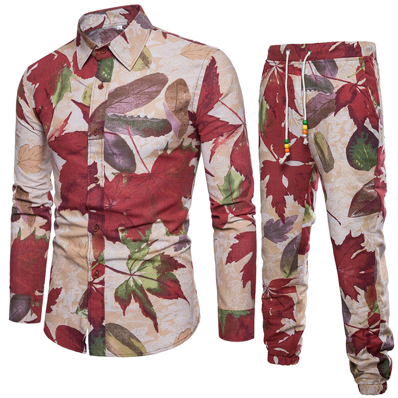 Long-sleeved Shirt Ethnic Print Plus Size Casual Pants Suit