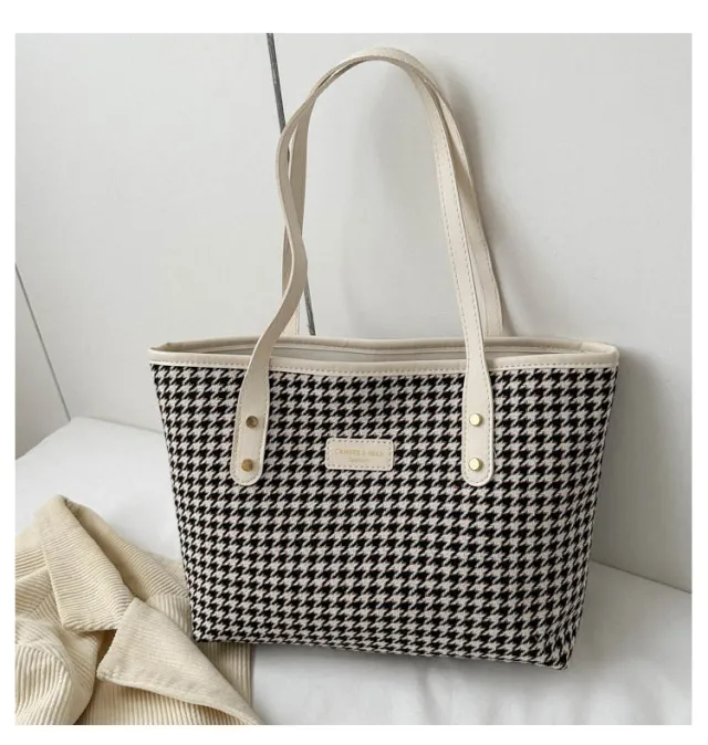 Houndstooth Shoulder Bag Winter Fashion Commuting Handbags WOmen Large Capacity Totes Casual Shopping Bag White - Shop at LoveMi