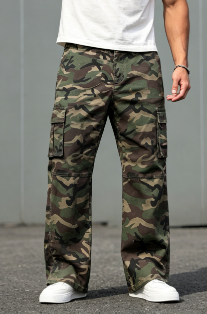 Camo Cargo Pants Men Woodland Camouflage Multi Pocket Loose Fit Trousers US Local Inventory