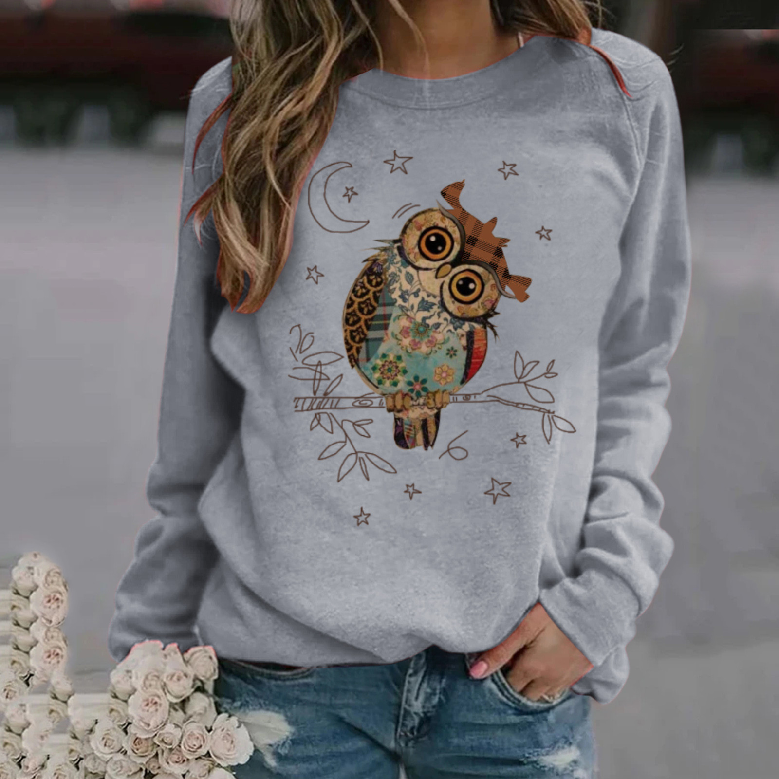 Title 5, Pattern Printing Long-Sleeved Round Neck Sweate...