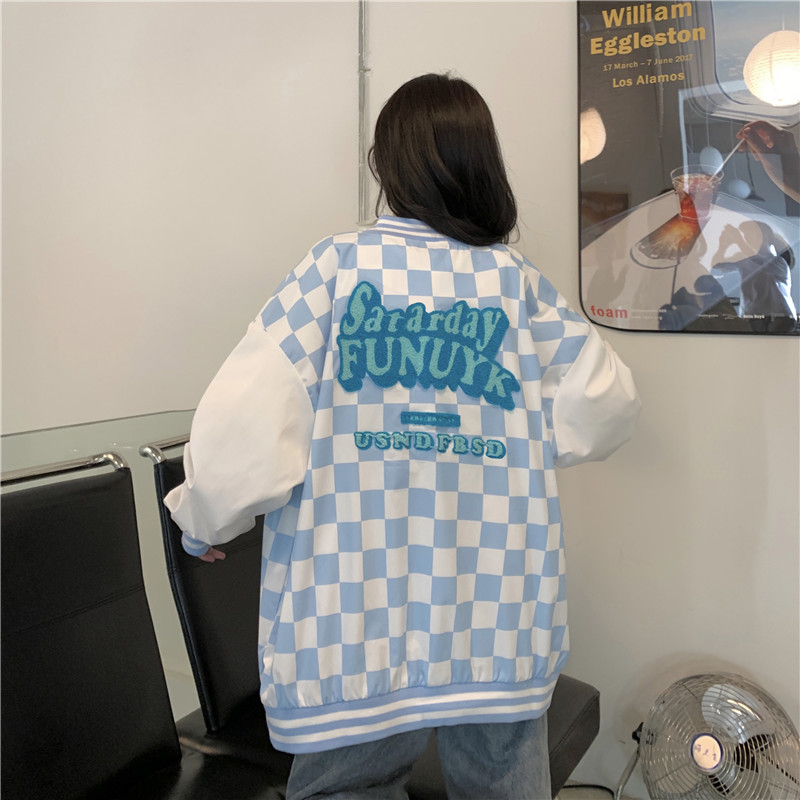 Women's Plaid Stand Collar Cardigan Baseball Uniform