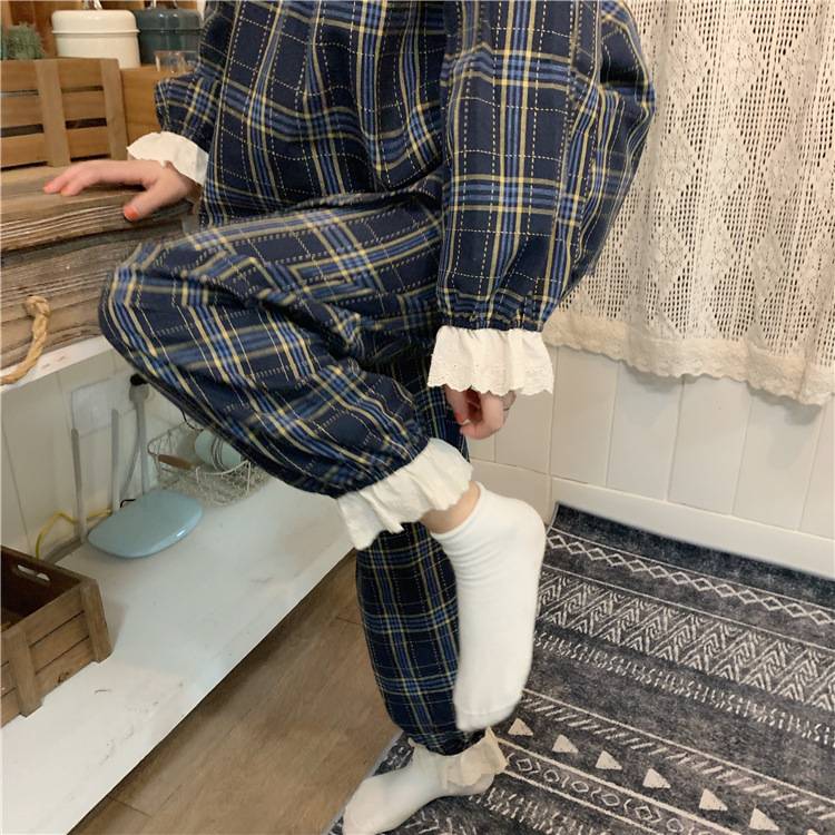 Women's Plaid Doll Collar Lace Home Service Suit